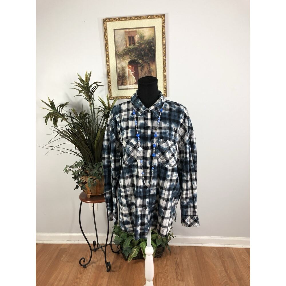 Ana Women Top L Plaid Tie Die Long Sleeve Button Up Collared Y2K Dark Academia